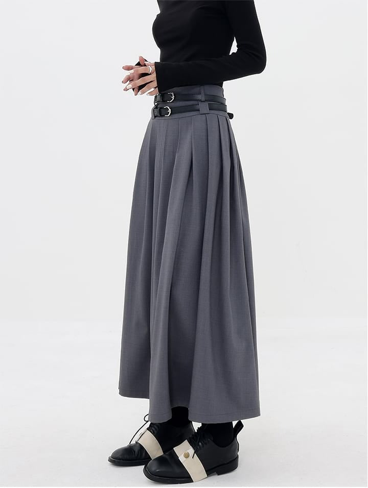 Pleated Double-Belt Midi Skirt - nightcity clothing