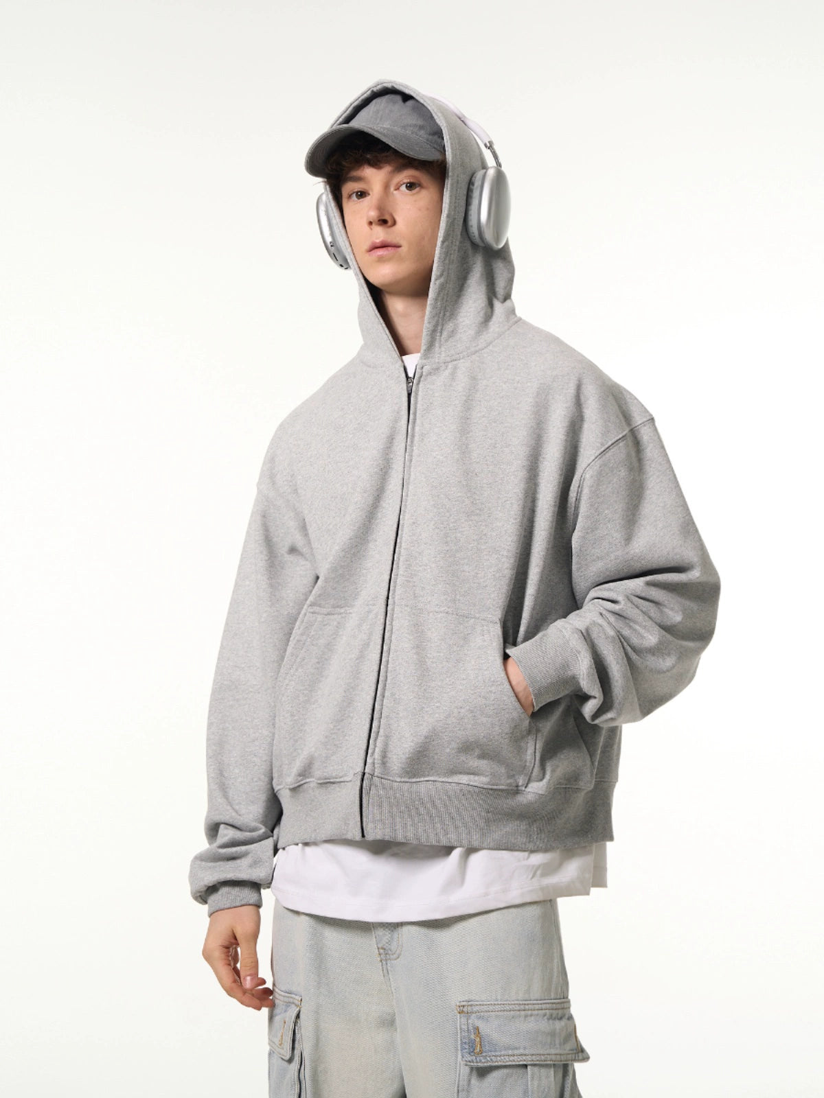 Oversized Boxy Mid Crop Zip Up Hoodie