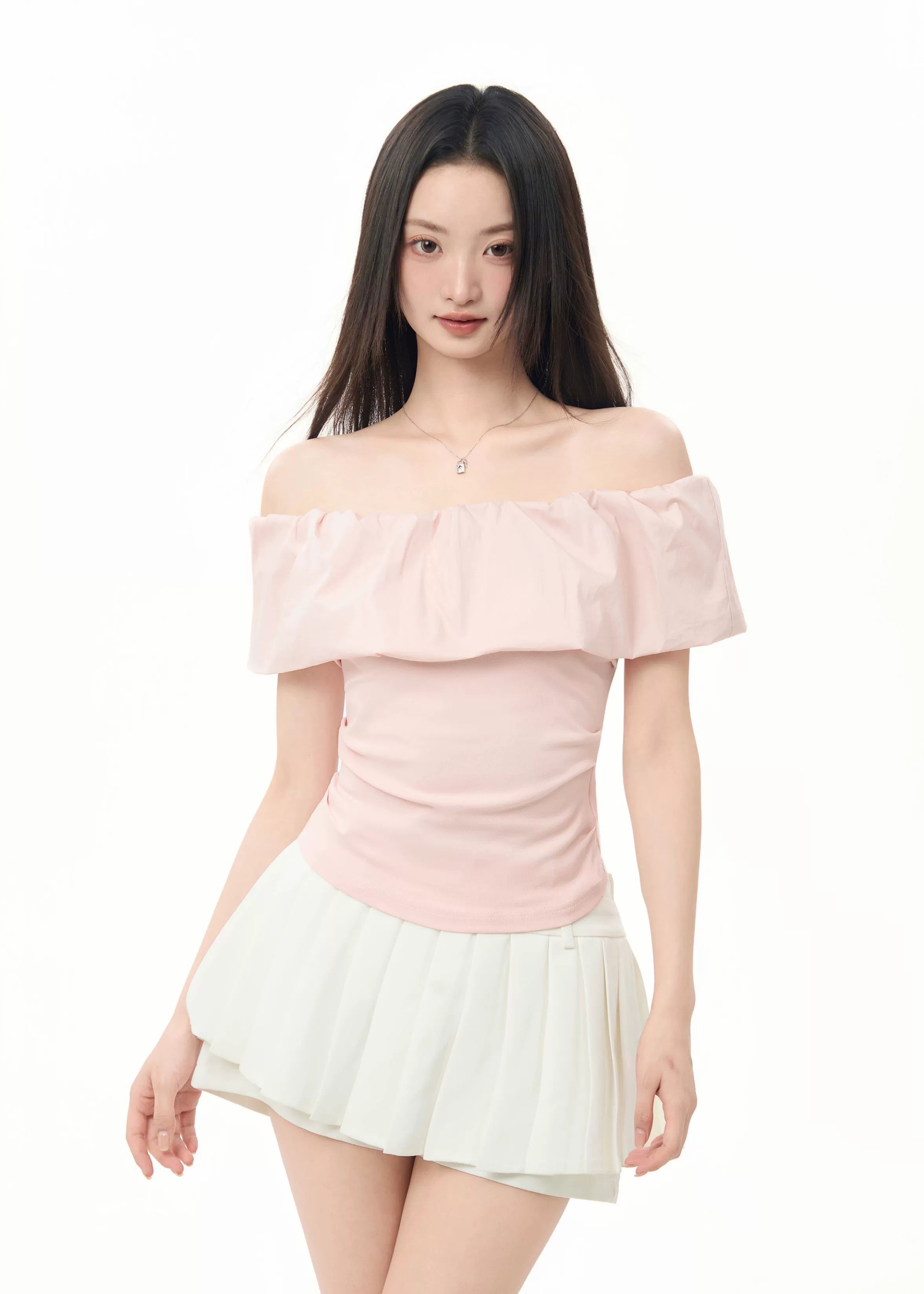 Ruffle Elastic Overlay Off-Shoulder Top