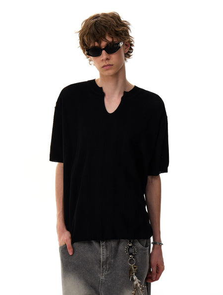 Textured Stripe Notch Neck Short Sleeve Top