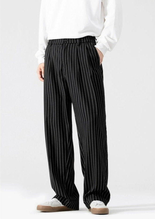 Striped Staight-Leg Elastic Waist Trousers