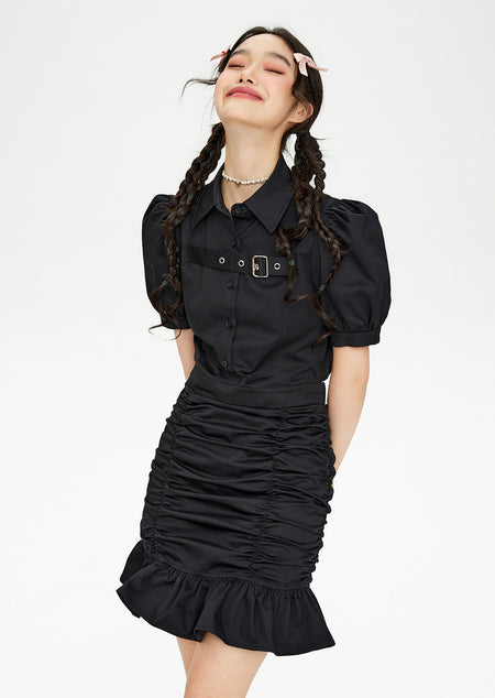 Puff Sleeve Ruffle Hem Ruched Midi Dress with Belt Detail