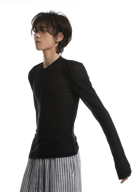 Sheer Ribbed Long Sleeve Henley Shirt