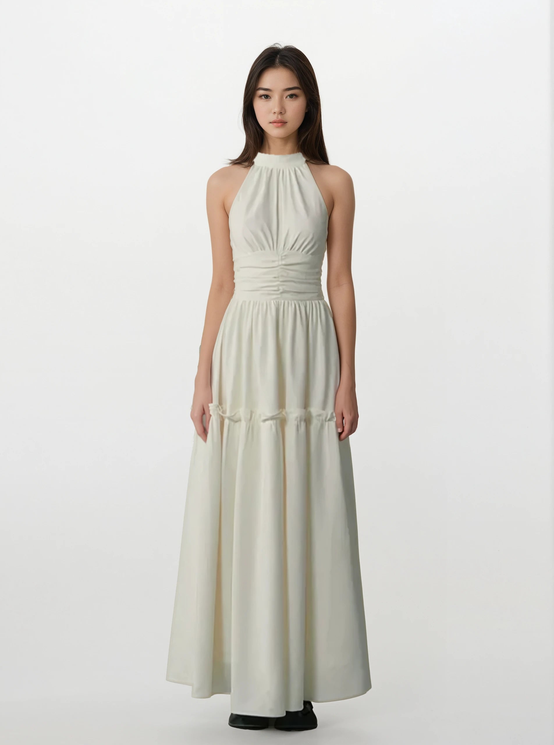 Halter Neck Maxi Dress with Ruched Waist and Gathered Skirt