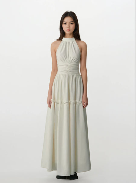 Halter Neck Maxi Dress with Ruched Waist and Gathered Skirt