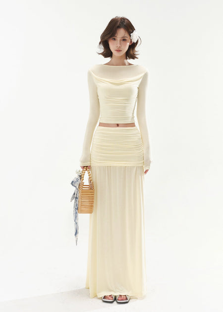 Draped Neck Long Sleeve Top and Ruched Maxi Skirt Two-Piece Set