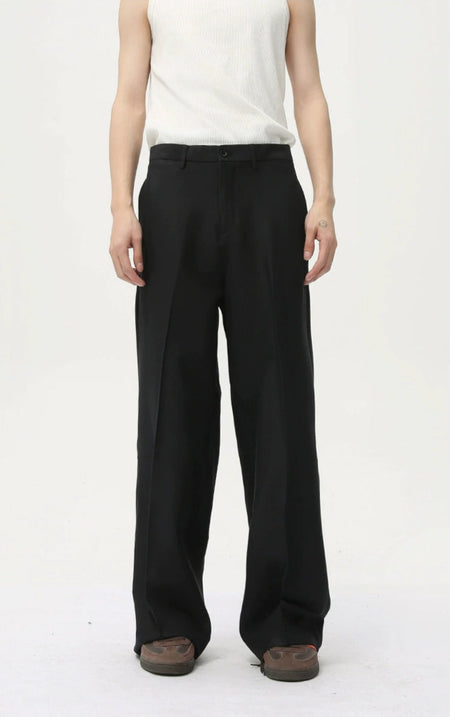 Wide Leg Belted Trousers with Middle-Ridge and Button Hem Detail