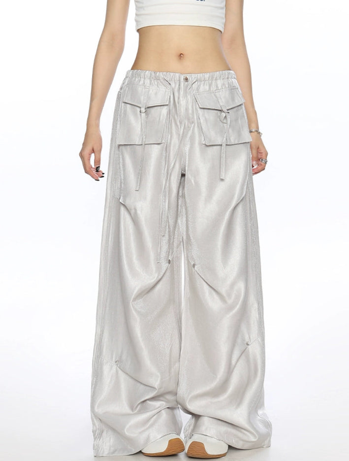 Wide Leg Shimmer Pants with Utility Pockets