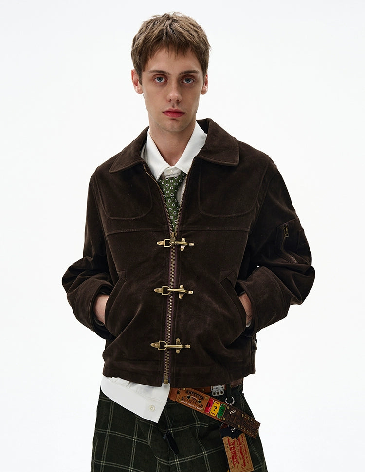 Suede Panelled Fireman Buckle Zip Jacket