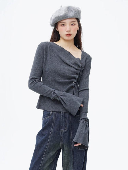 Asymmetric Button Ruched Long Sleeve Top - nightcity clothing