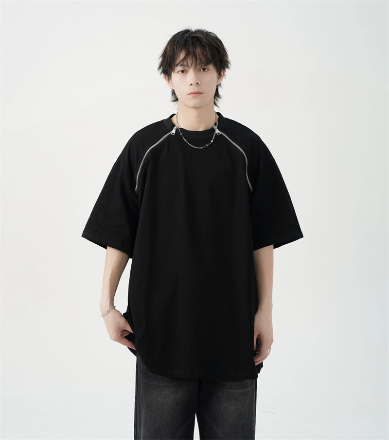 Oversized Black T-Shirt with Zipper Shoulder Detail