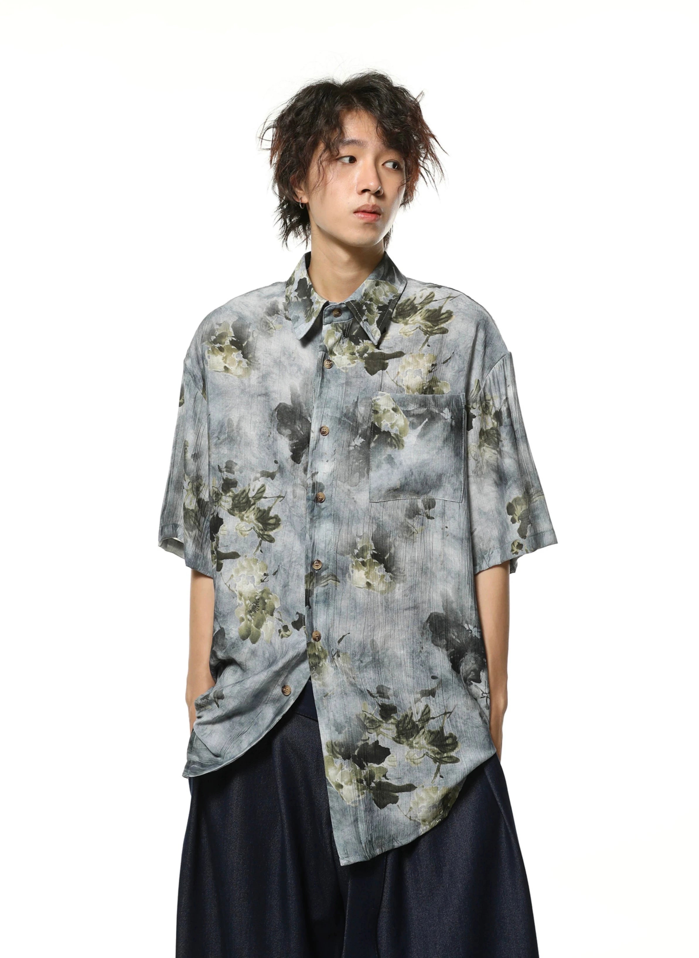 Washout Floral Print Oversized Button-Up Shirt with Pocket