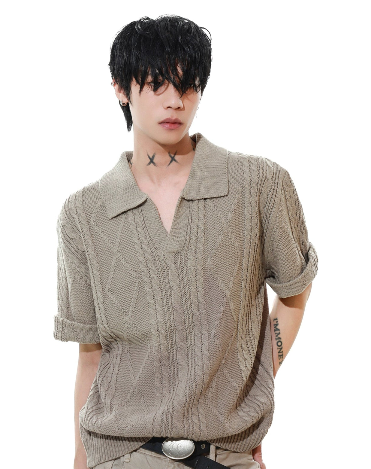 Textured Cable Knit Short Sleeve Polo Top