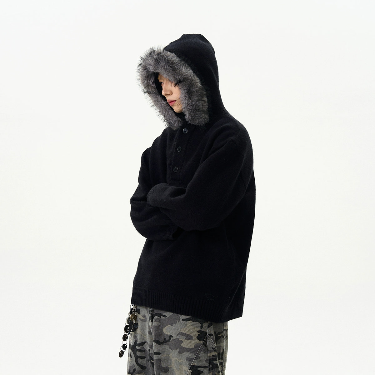 Fur Trim Hoodie Half Zip Knit Sweater - Main Image