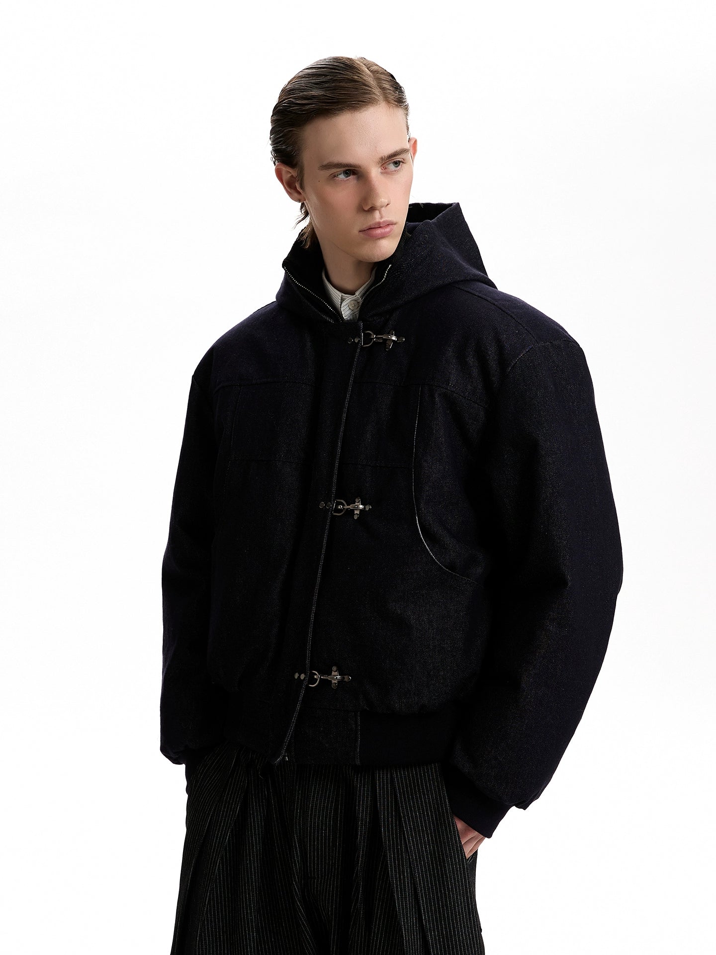 Boxy Fireman Clasp Hooded Dark-Wash Denim Zip Jacket