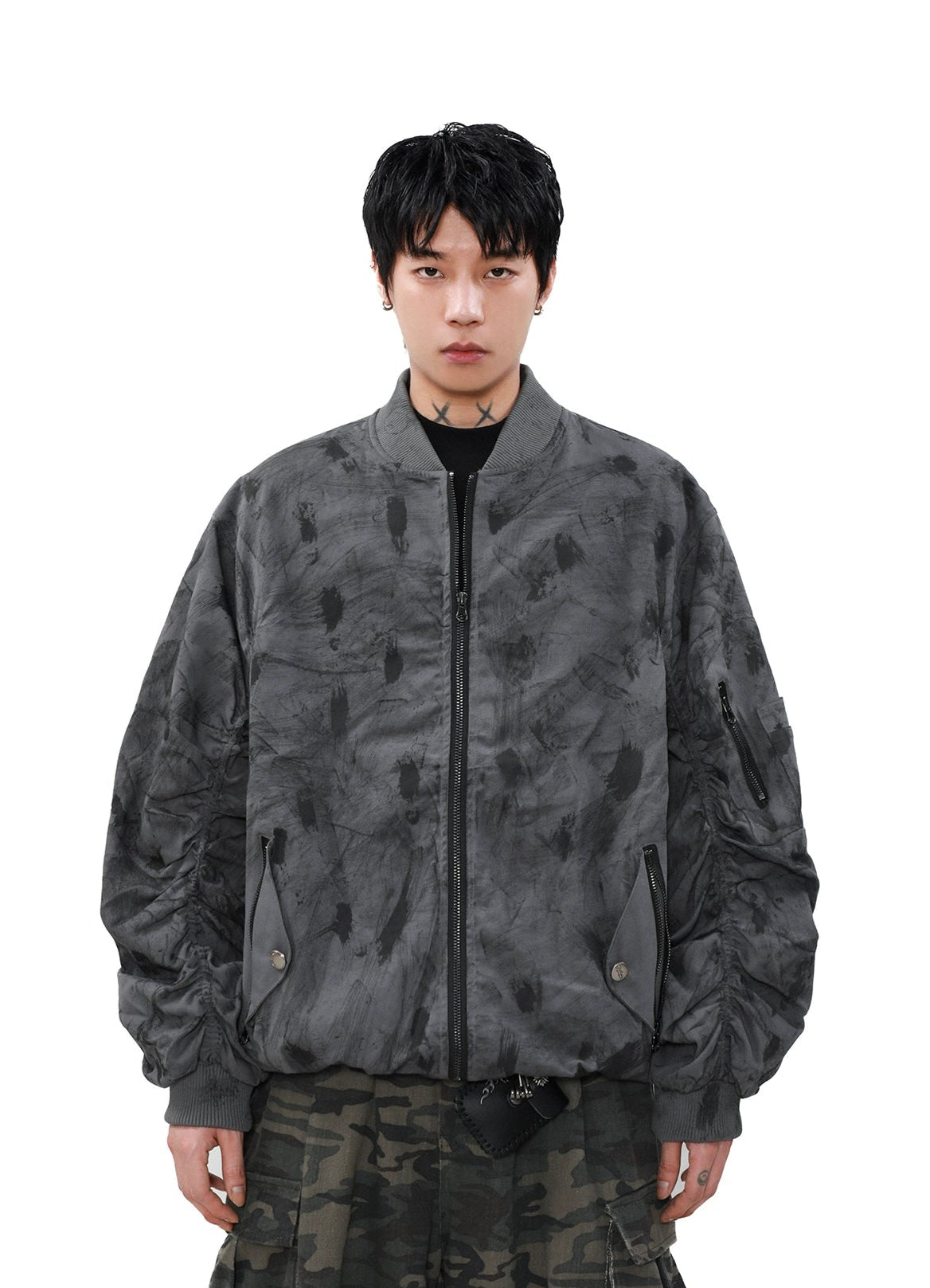 Oversized Abstract Print Bomber Jacket with Zip Pockets