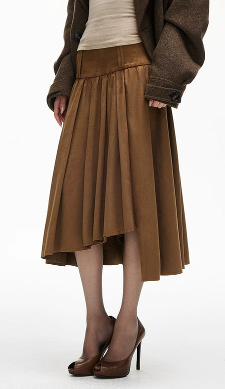 Asymmetric Tier-Pleated Suede Midi Skirt - nightcity clothing