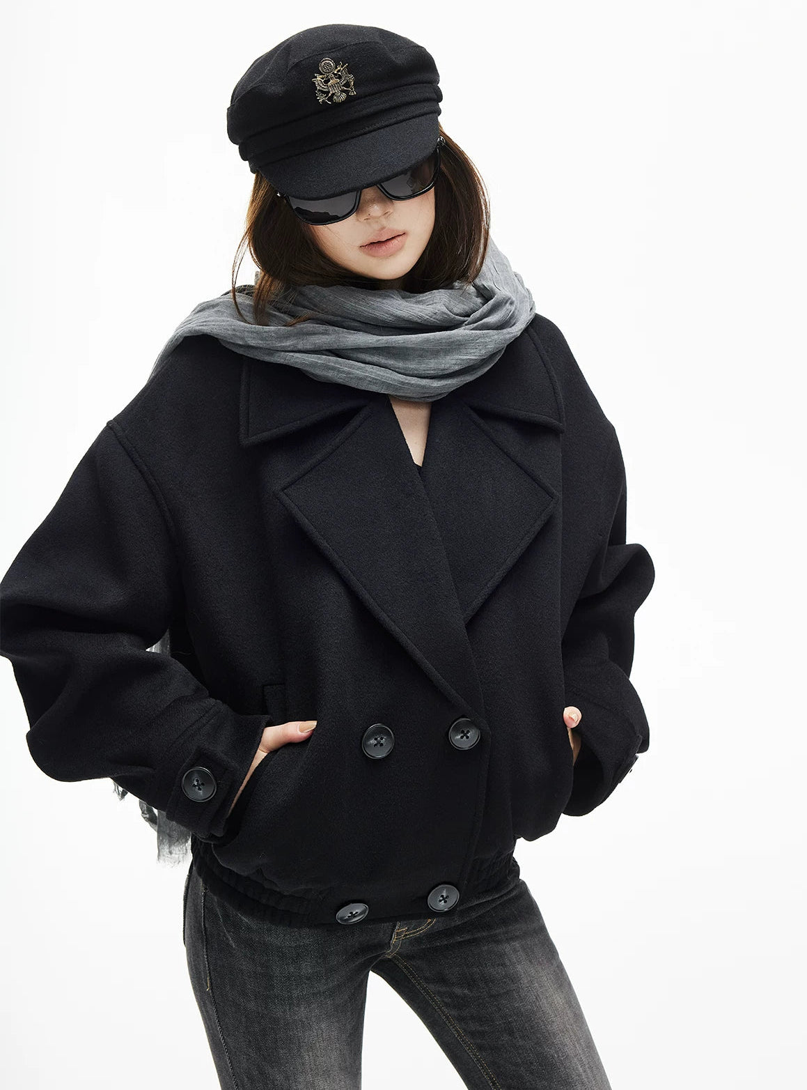 Wool Blend Elastic-Trim Double Breasted Coat