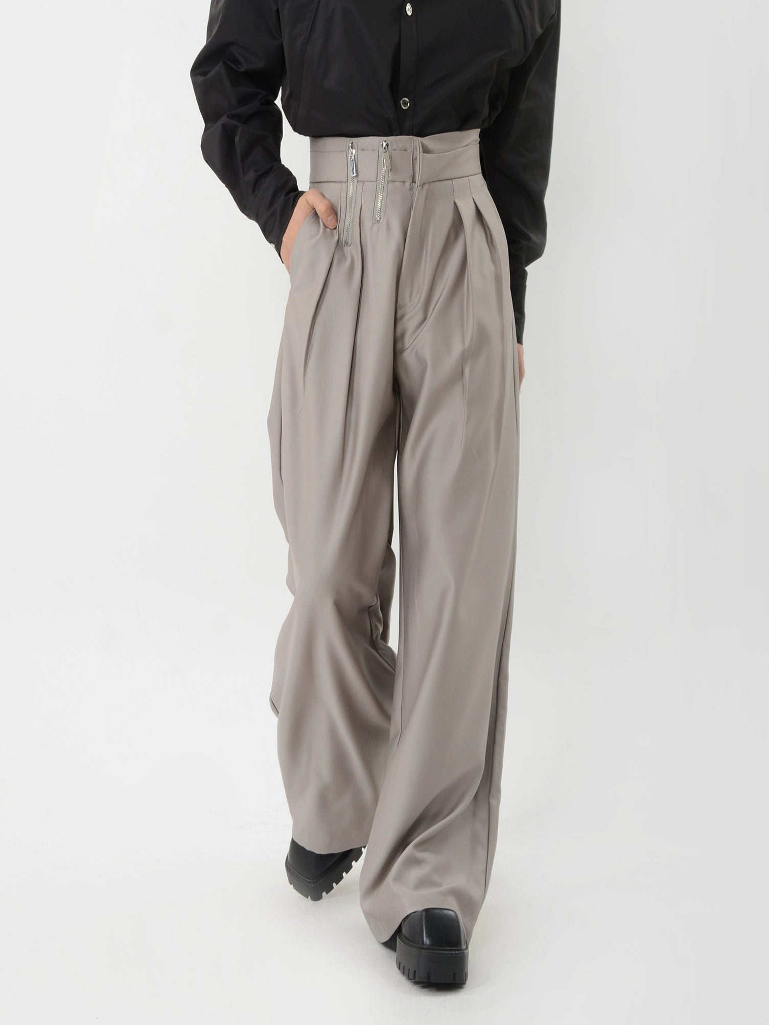 Wide Leg High Waisted Pleated Trousers with Side Zip Details