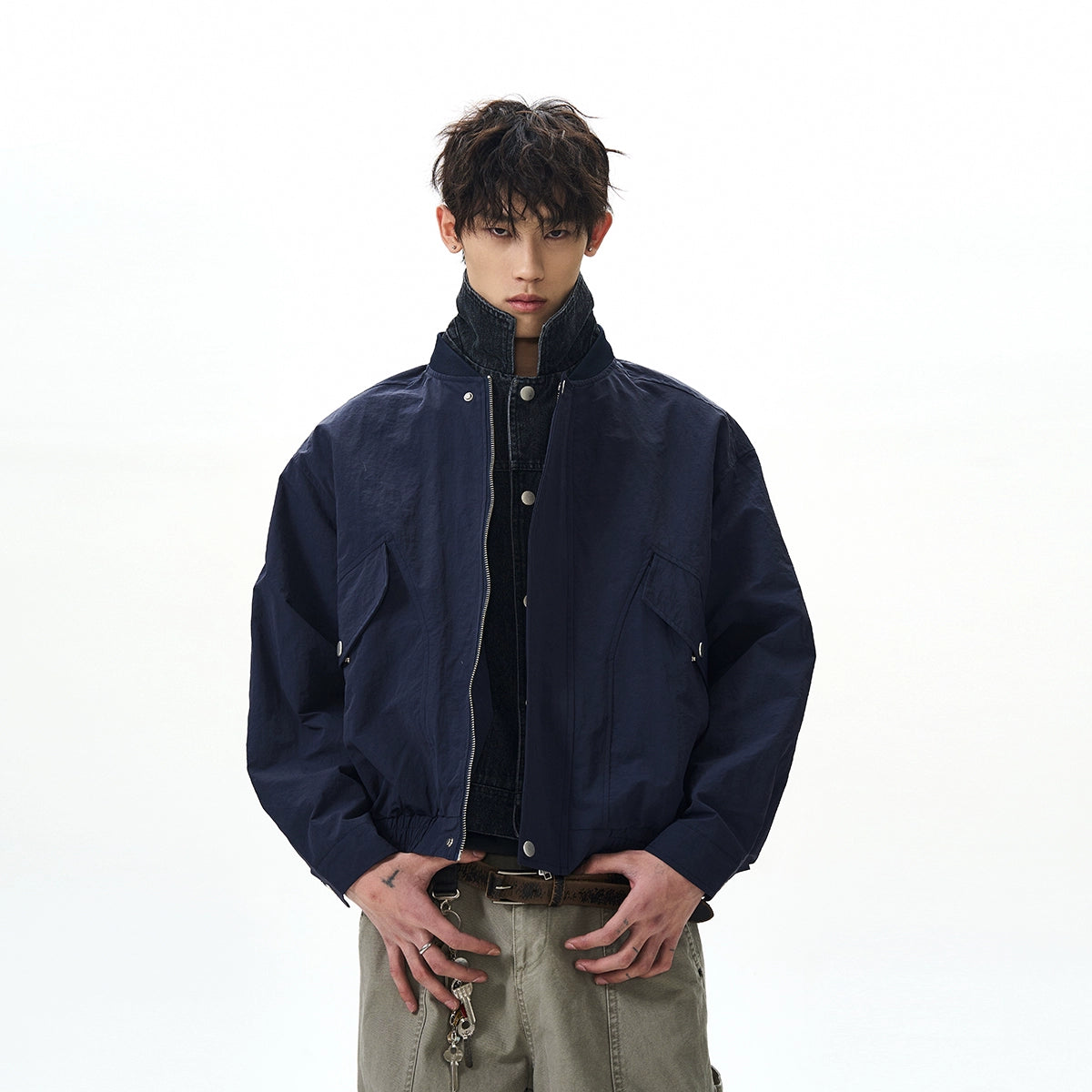 Mock Layered Zip Worker Denim Jacket with Utility Pockets