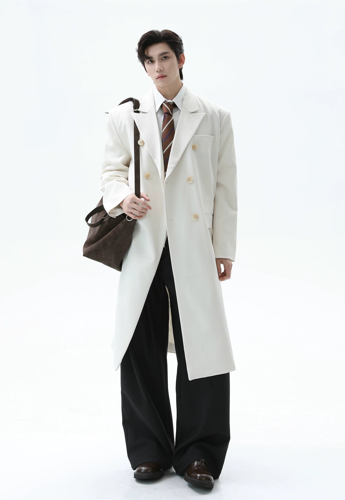Double Breasted Longline Overcoat with Structured Shoulders