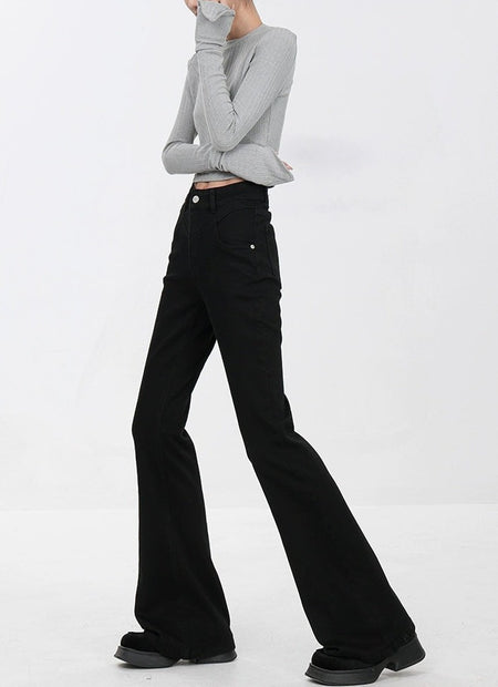 Skinny Flared Denim Jeans with Waist Stitch Detail