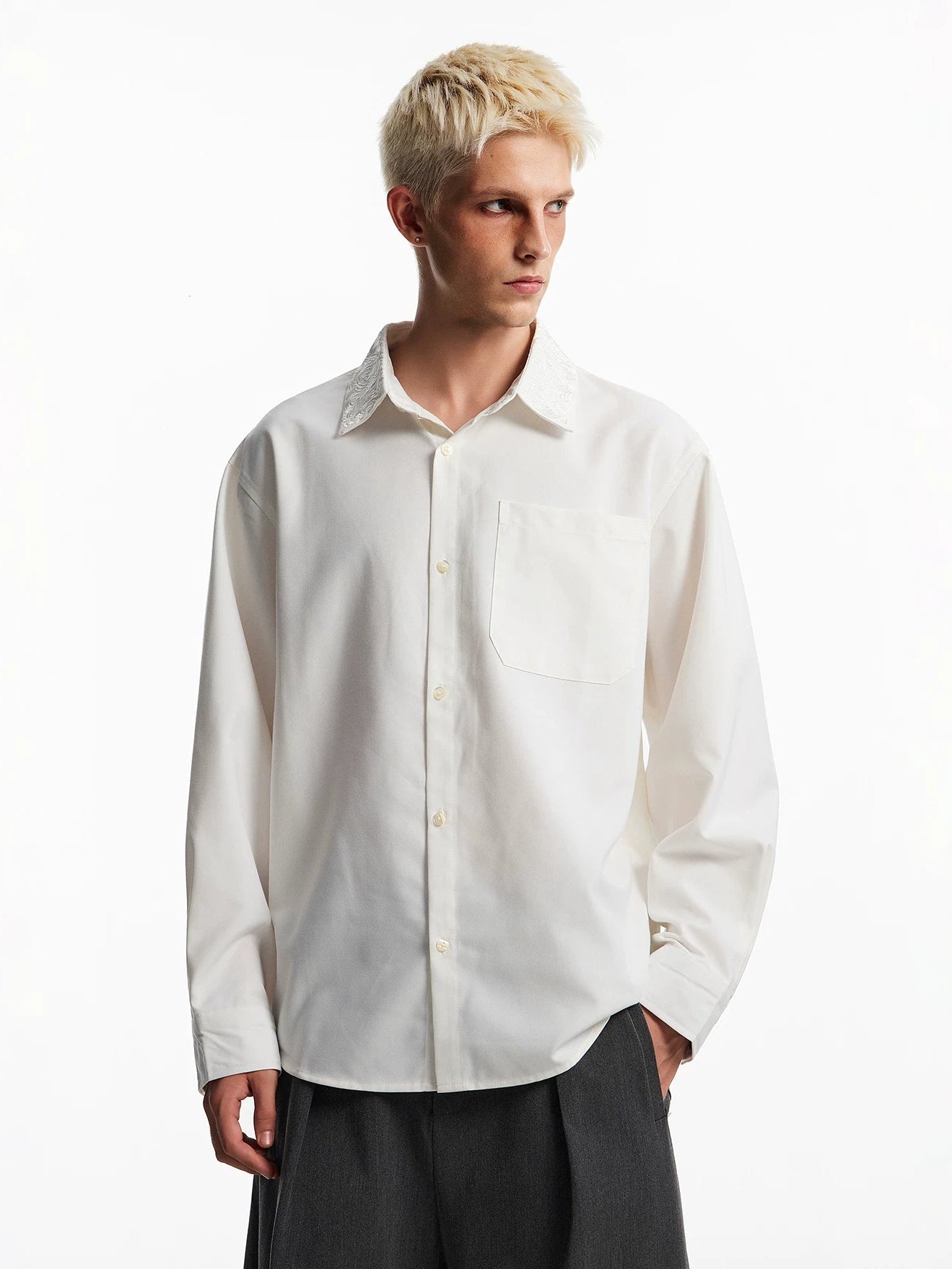 Boxy Long Sleeve Shirt with Embroidered Collar Pattern