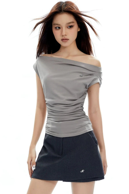 Asymmetrical Neckline Ruched Jersey Top - nightcity clothing