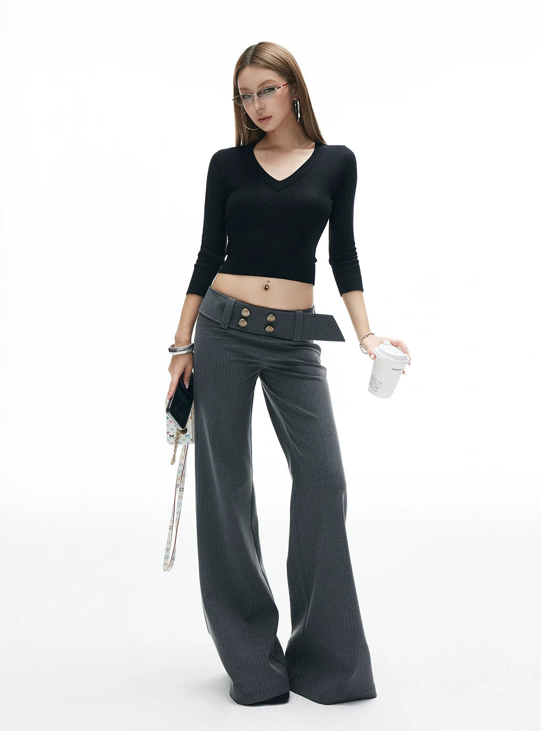 Wide Belt Flare Pinstripe Low-Waisted Pants - nightcity clothing