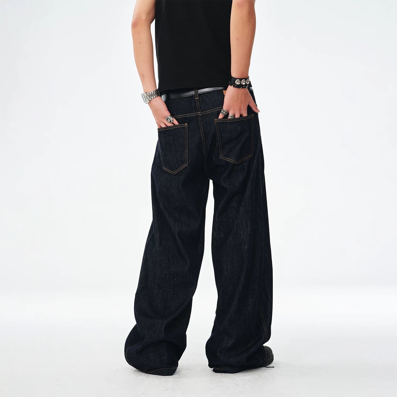 Contrast Stitch Wide Jeans with Fireman Buckle Accents