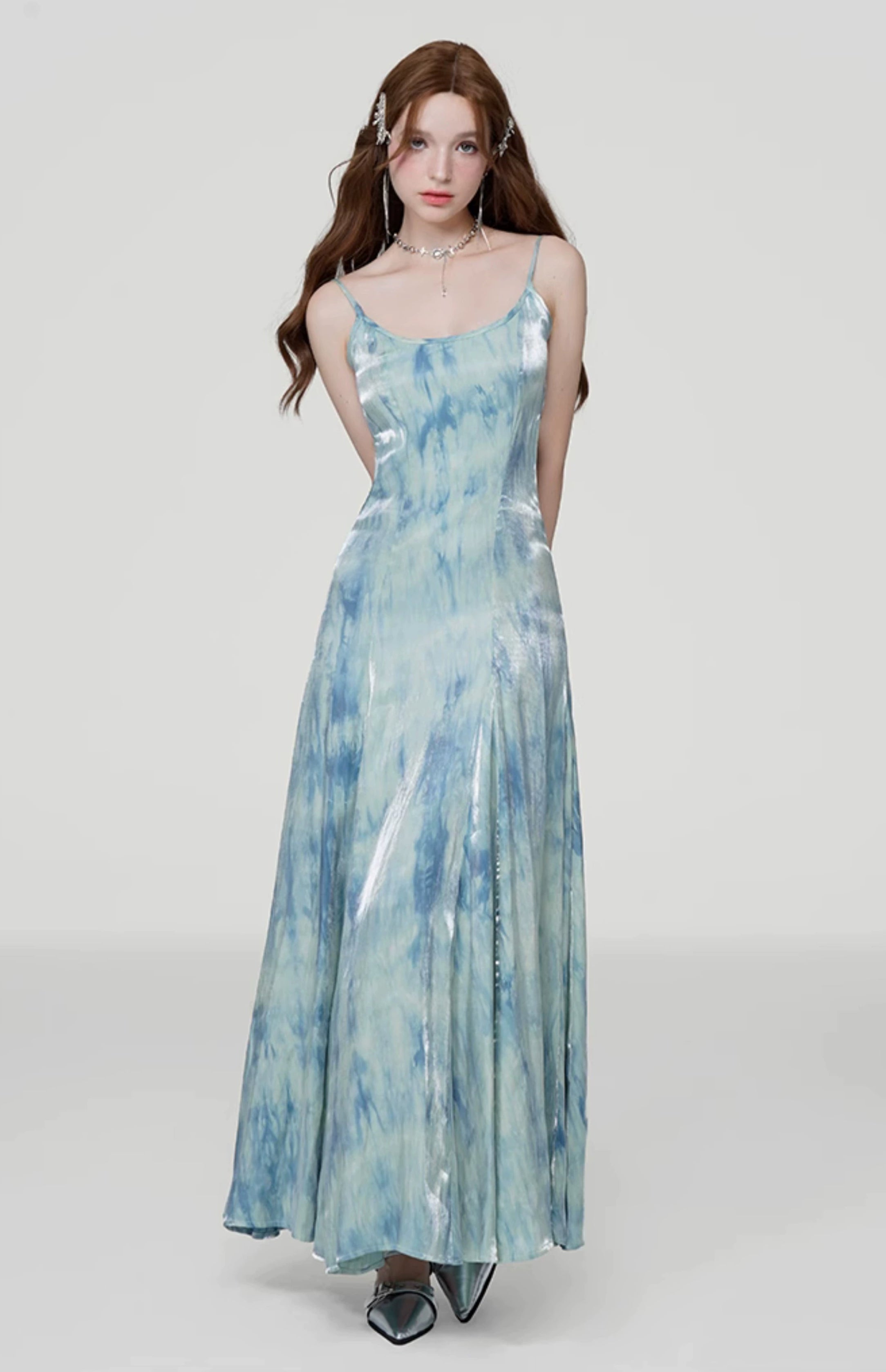 Iridescent Tie-Dye Spaghetti Strap Flared Maxi Dress