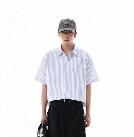 Oversized Stripe Short Sleeve Button Shirt with Chest Pockets - nightcity clothing