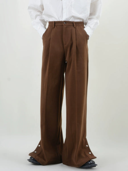 Pleated Button Hem Wide-Leg Trousers