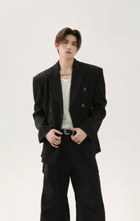 Structured Double-Breasted Blazer with Shoulder Pads and Wide Lapel