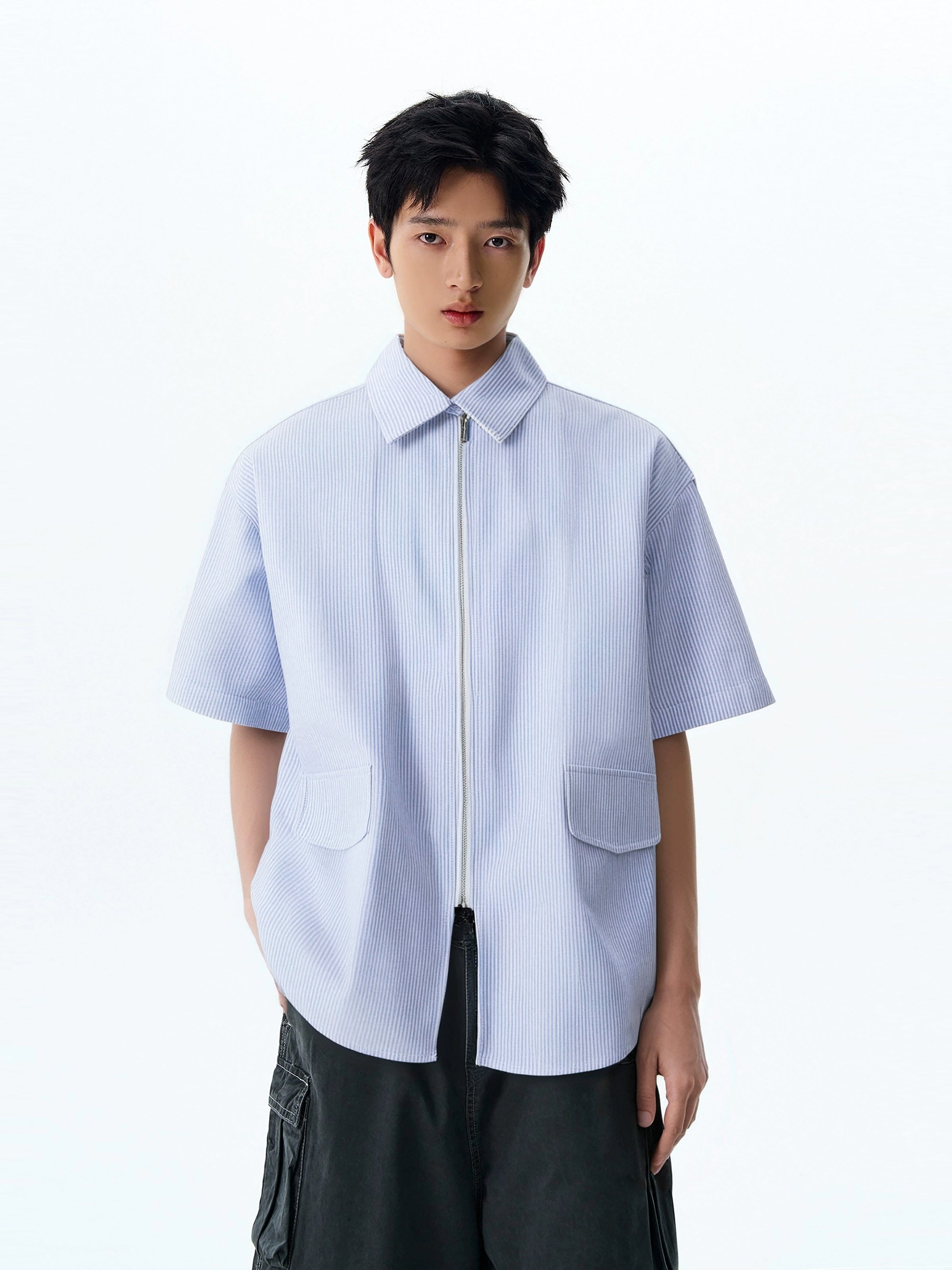 Pinstripe Short Sleeve Zip Top with Collar