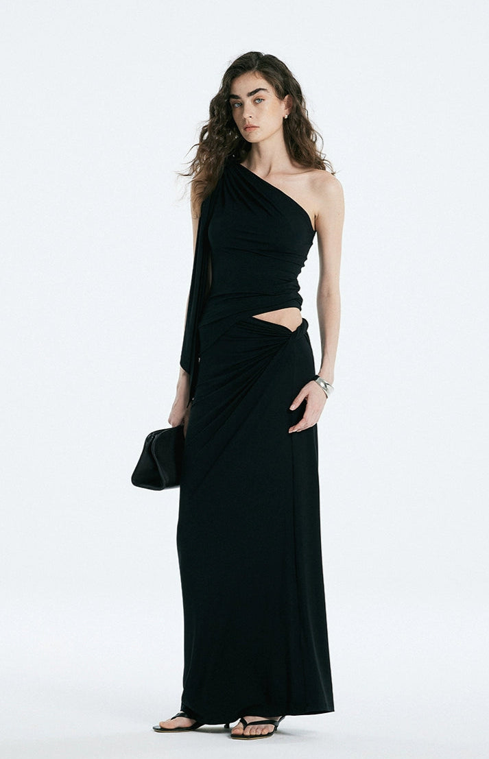 Asymmetric Drape One Shoulder Top and Gathered Twist Maxi Skirt Two-Piece Set
