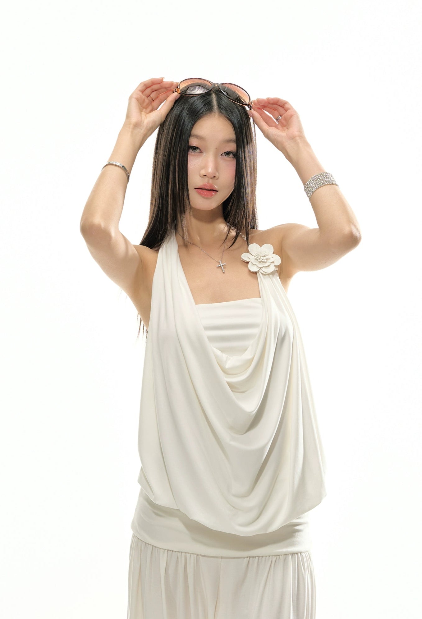 Asymmetric Link Chain Halter Neck Drape Top with Flower Applique