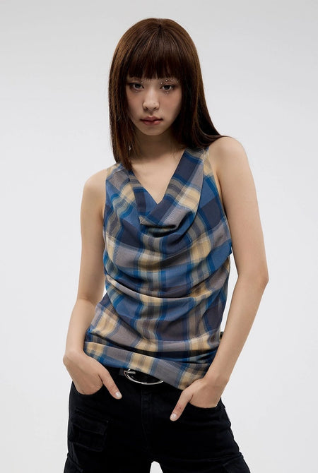 Plaid Cowl Neck Sleeveless  Top