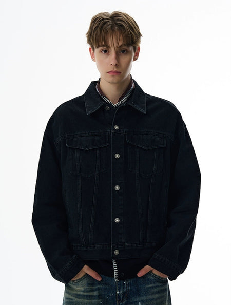 Slim Retro Button-Front Denim Jacket with Flap Pockets
