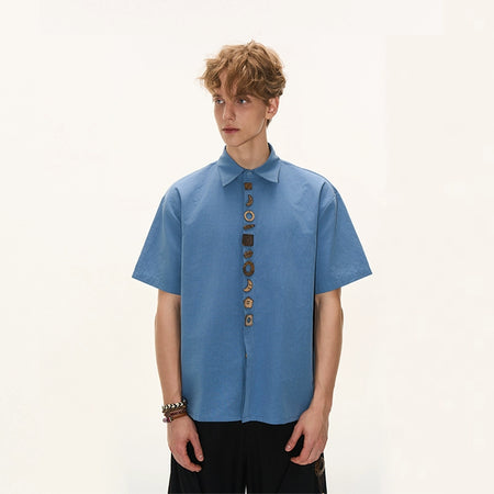 Short Sleeve Button Shirt with Geometric Accents
