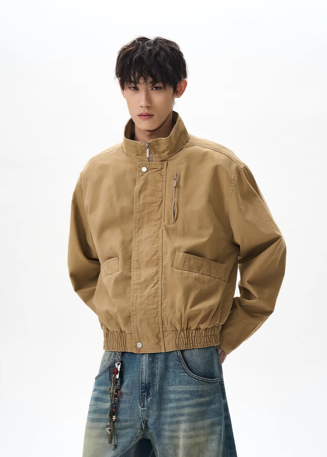 Boxy Zip-Up Stand Collar Worker Bomber Jacket