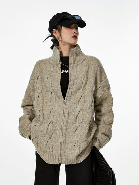 Ribbed Trim Cable Knit Pattern Zip Jacket