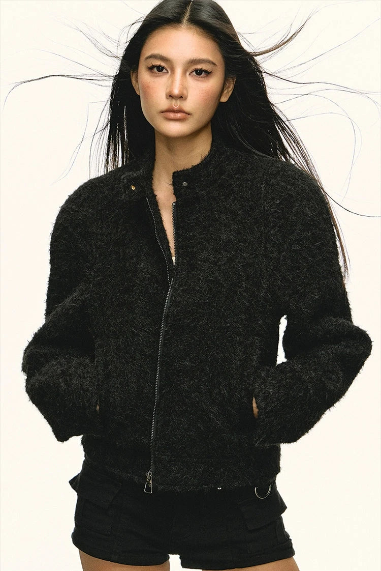 Fuzzy Mock Neck Zip Racer Jacket