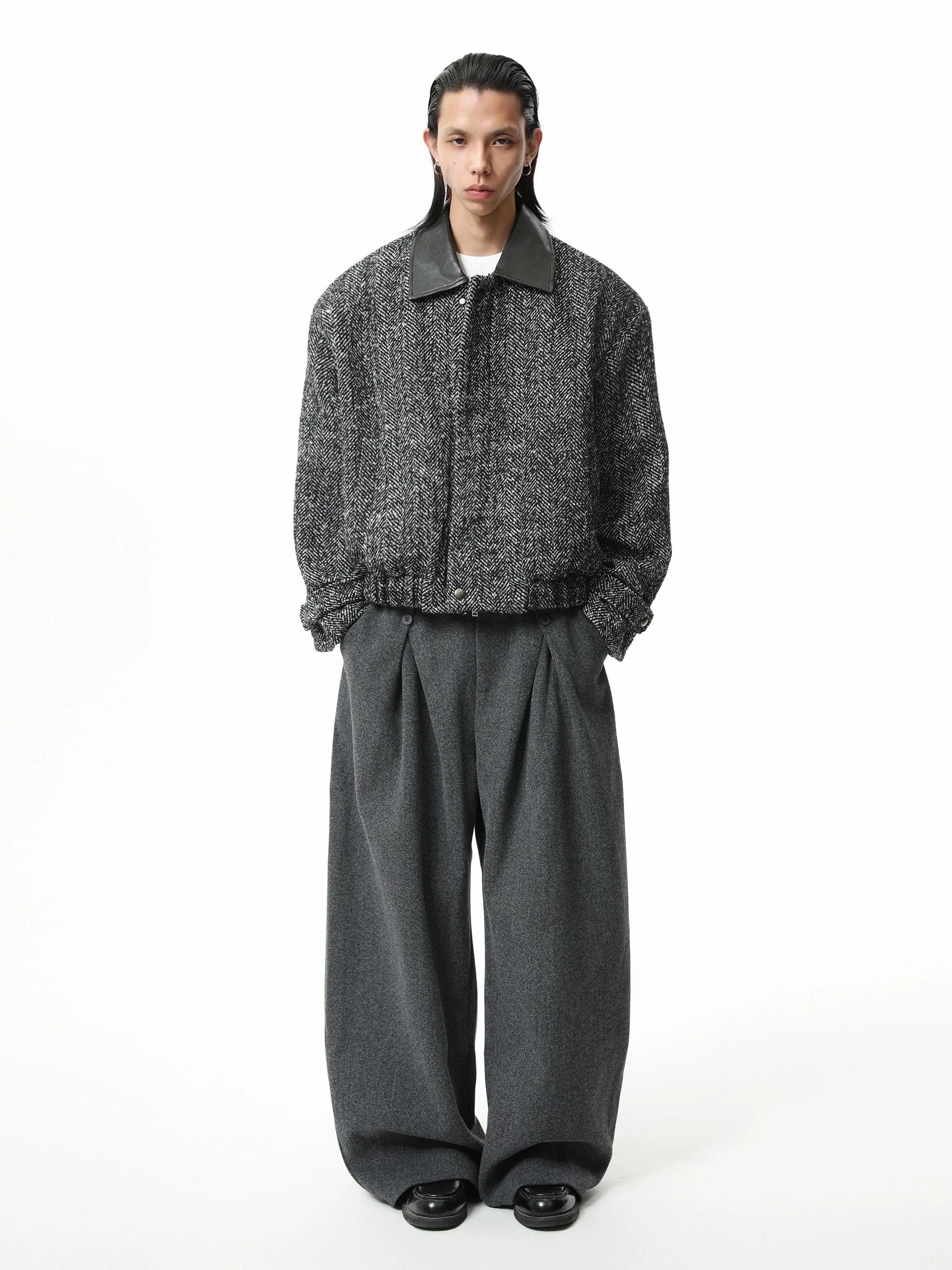 Boxy Herringbone Pattern Jacket with Detachable Faux Fur Collar - nightcity clothing