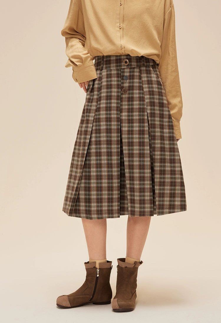 Pleated Plaid Midi Skirt with Button Detail