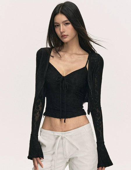 Floral Cami Top with Adjustable Strap and Flare Sleeve Crop Cardigan Two-Piece Set - nightcity clothing