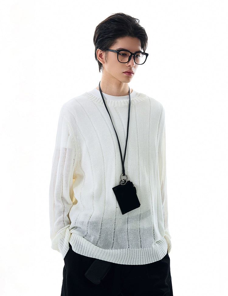 Ribbed Trim Sheer Textured Long Sleeve Knit Top