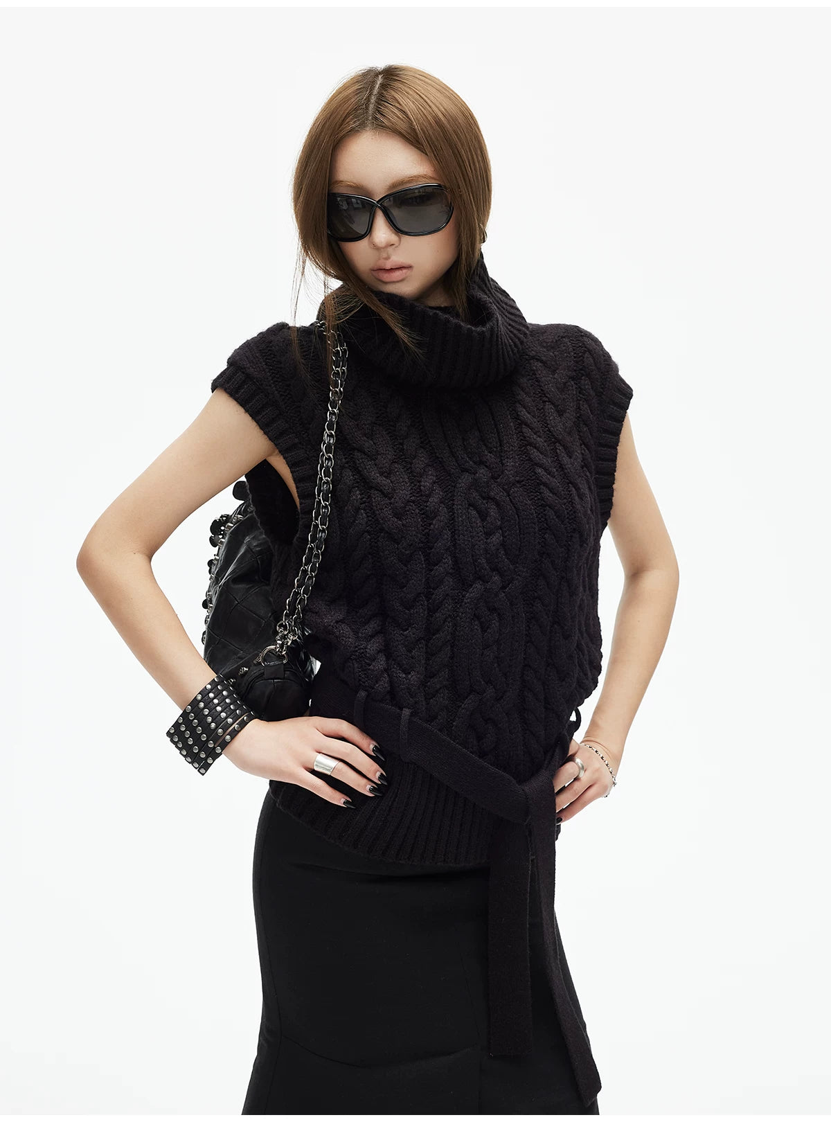 Cable Knit Turtleneck Sweater Vest with Belt - nightcity clothing