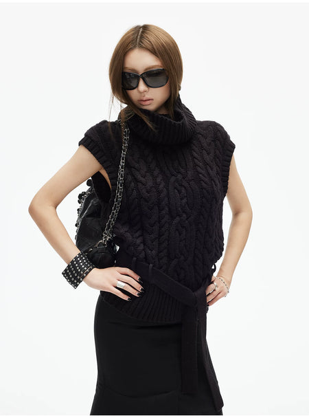 Cable Knit Turtleneck Sweater Vest with Belt - nightcity clothing