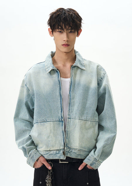 Mid-Crop Gradient-Wash Zip Up Denim Jacket